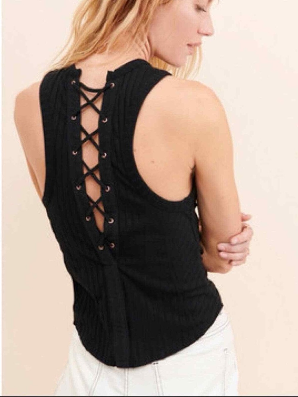 Free People | Black Ribbed Lace-Up Back Tank Top